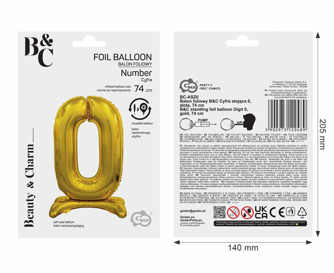 B&C standing foil balloon Digit 0, gold, 74 cm
